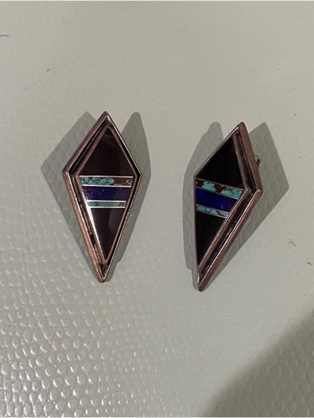 Vintage Sterling Silver Geometric Inlay Teardrop Diamond Clip on Stud Earrings